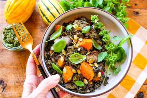 Black Lentil Pesto Salad with Butternut Squash and Brussels Sprouts